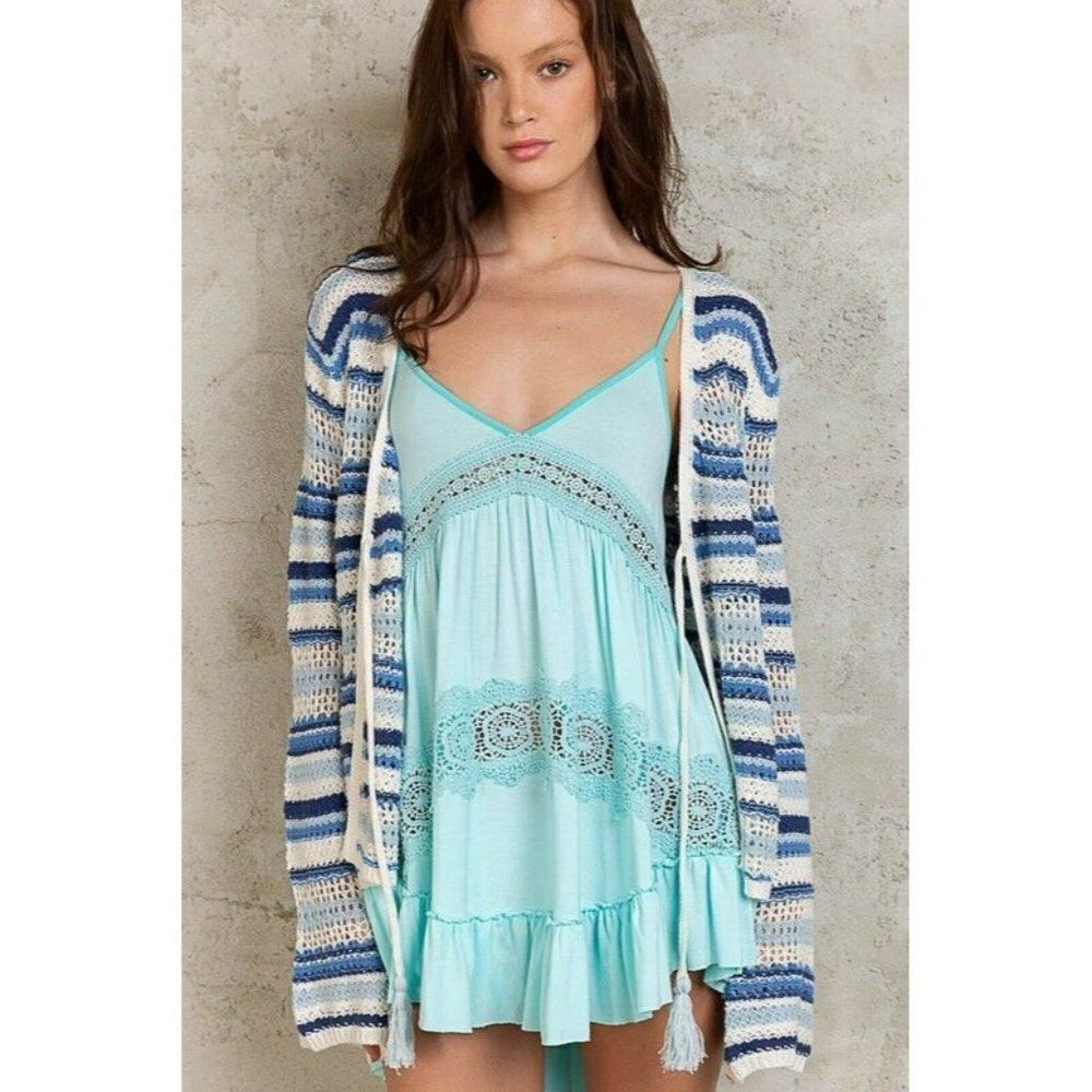 POL Head in the Clouds Lightweight Open Cardigan Sweater in Ivory Blue YST263 - Picture 1 of 4